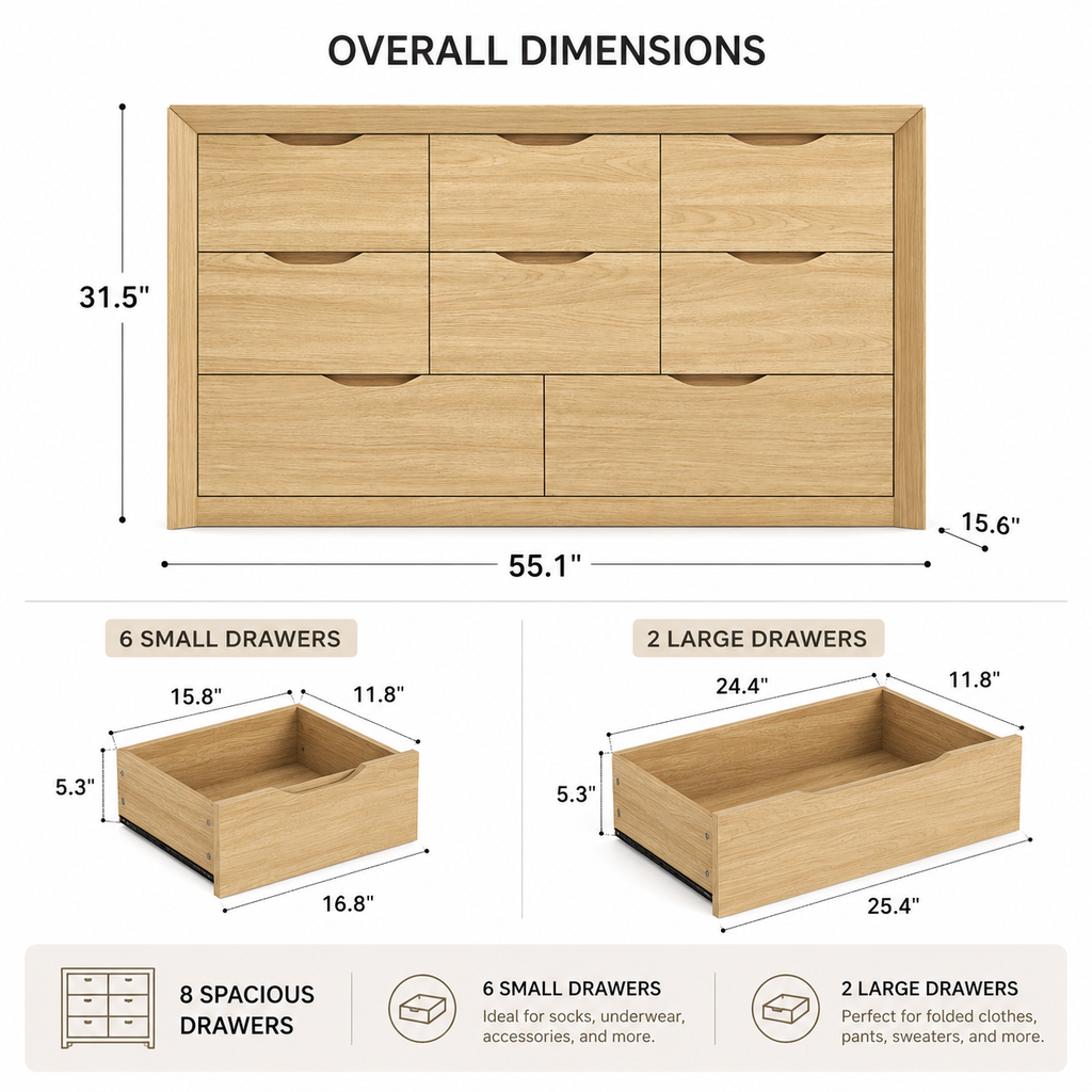 8-Drawer Wood Dresser for Bedroom Storage