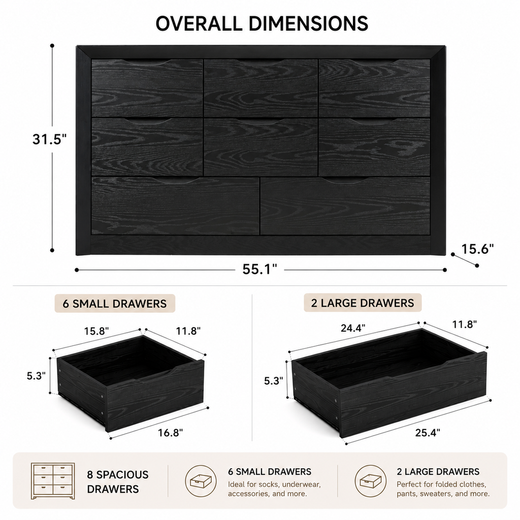 8-Drawer Black Wood Dresser for Bedroom Storage
