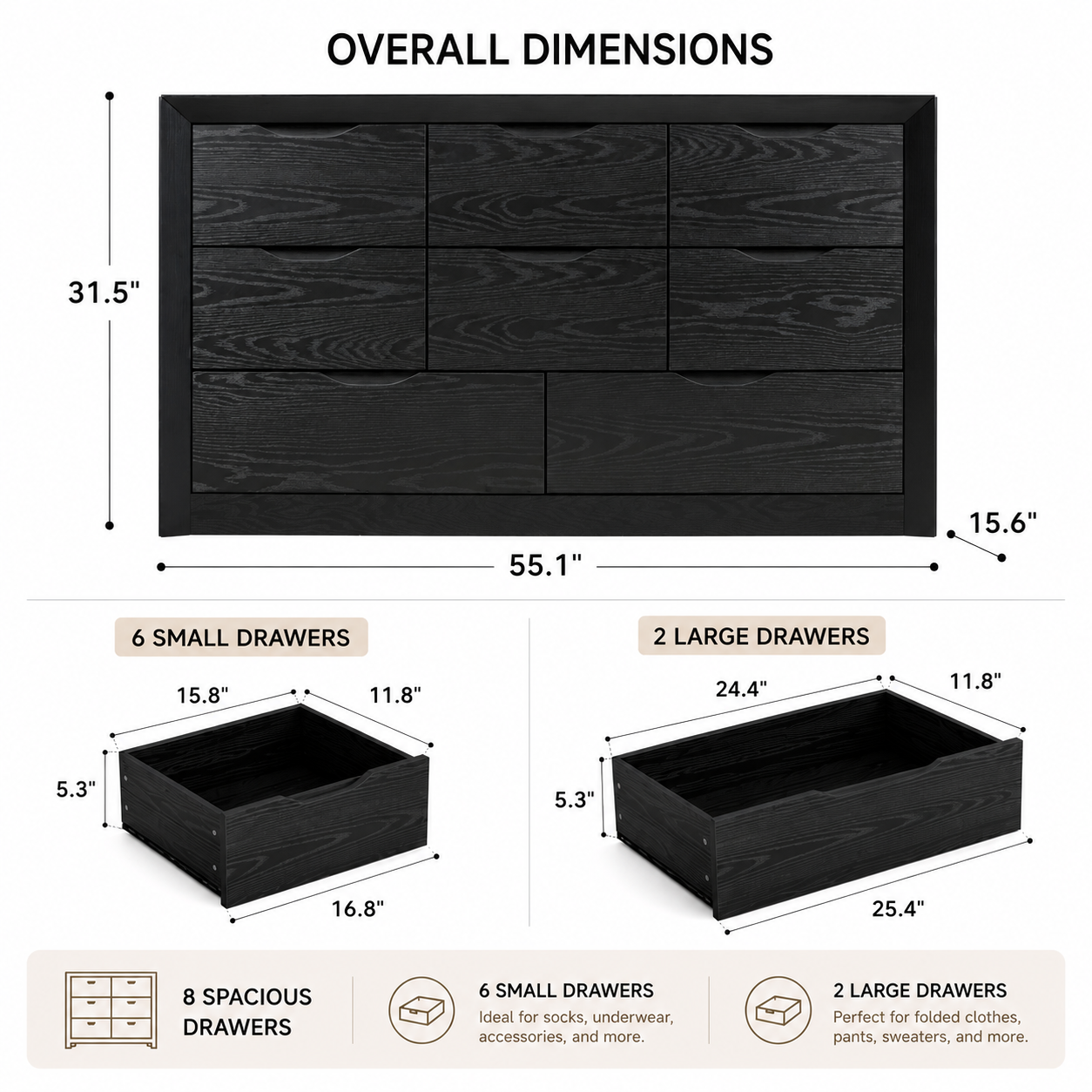 8-Drawer Black Wood Dresser for Bedroom Storage