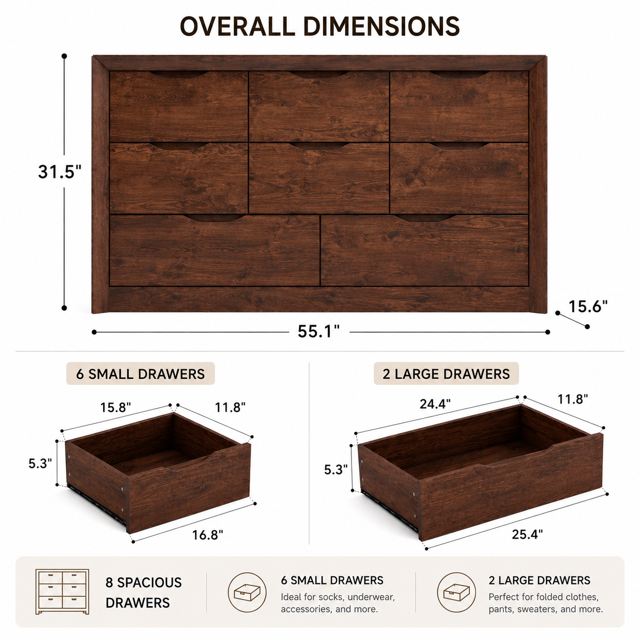 8-Drawer Rustic Wood Dresser for Bedroom Storage