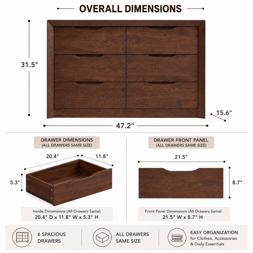 6-Drawer Wide Dresser with Spacious Storage