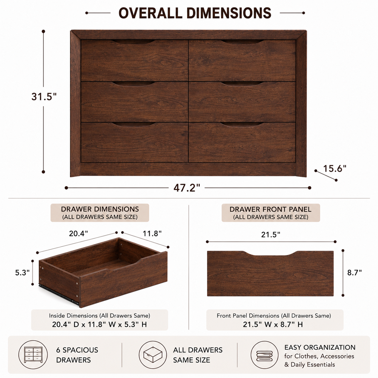 6-Drawer Wide Dresser with Spacious Storage