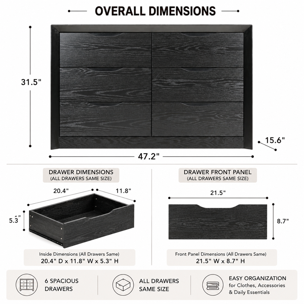 6-Drawer Wide Dresser with Spacious Storage