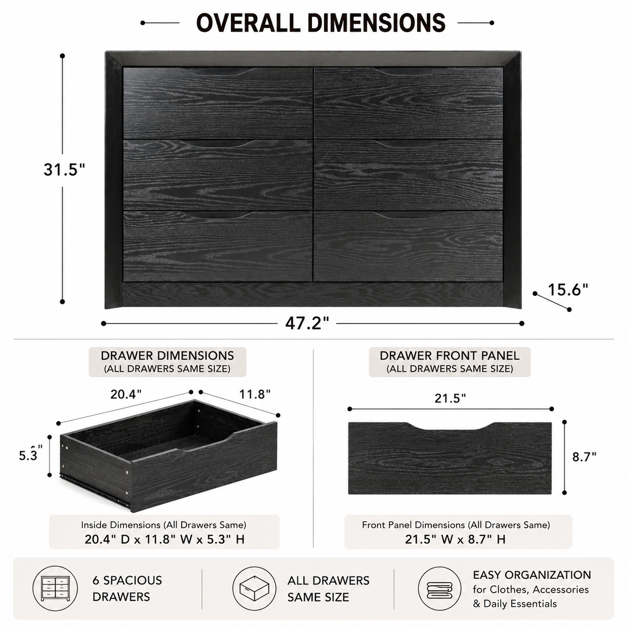 6-Drawer Wide Dresser with Spacious Storage