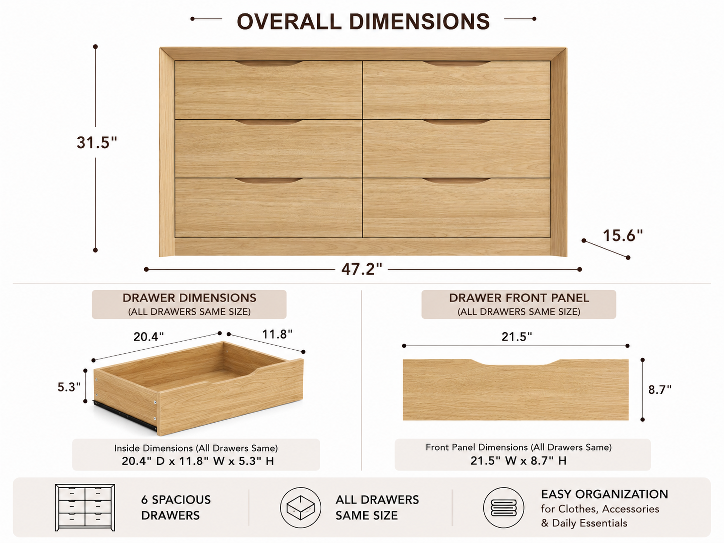6-Drawer Wide Dresser with Spacious Storage