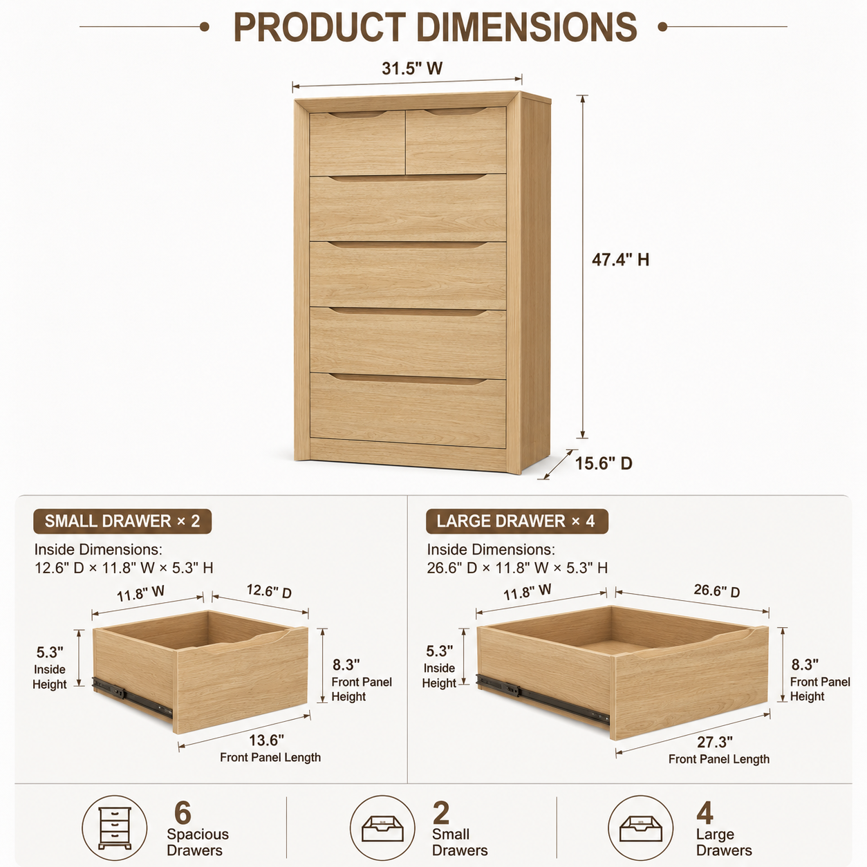 6-Drawer Tall Dresser for Bedroom Storages