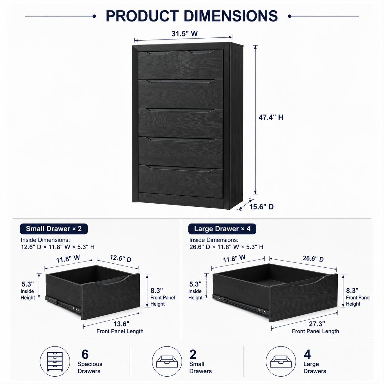 6-Drawer Tall Dresser for Bedroom Storage