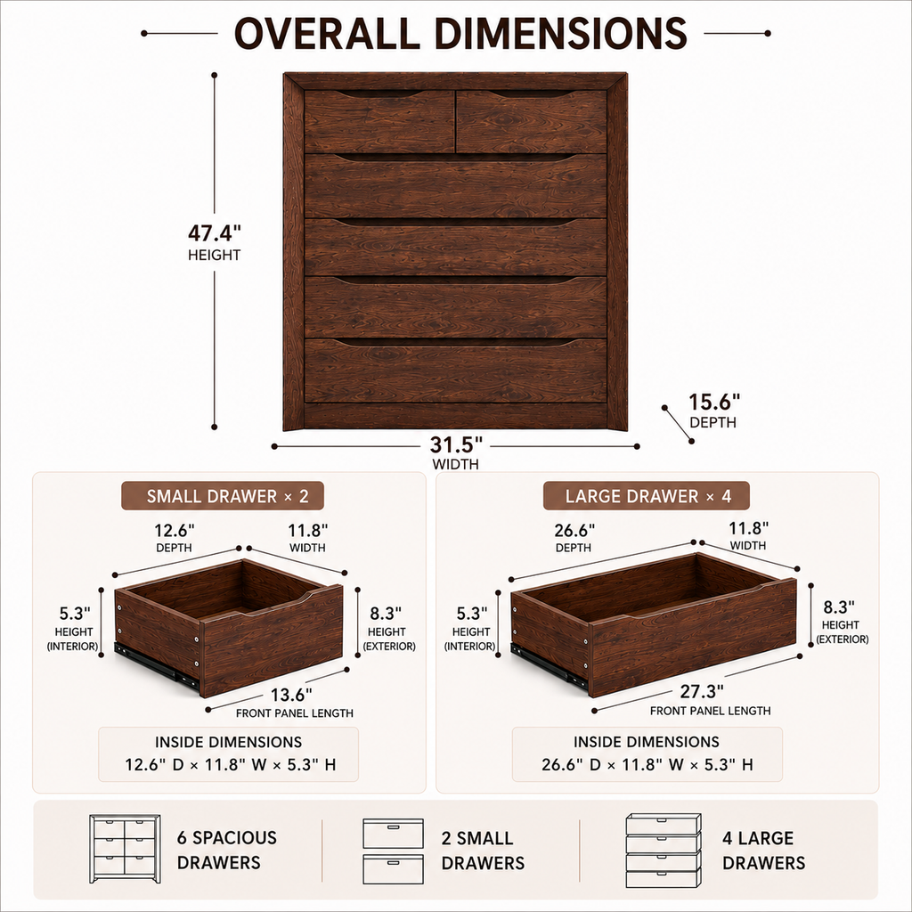 6-Drawer Tall Dresser for Bedroom Storage