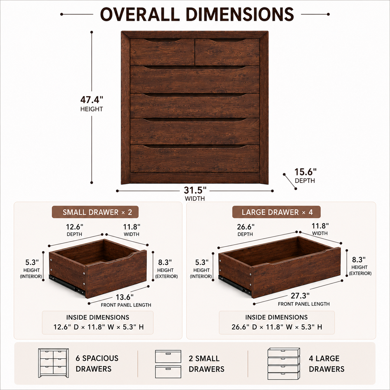 6-Drawer Tall Dresser for Bedroom Storage