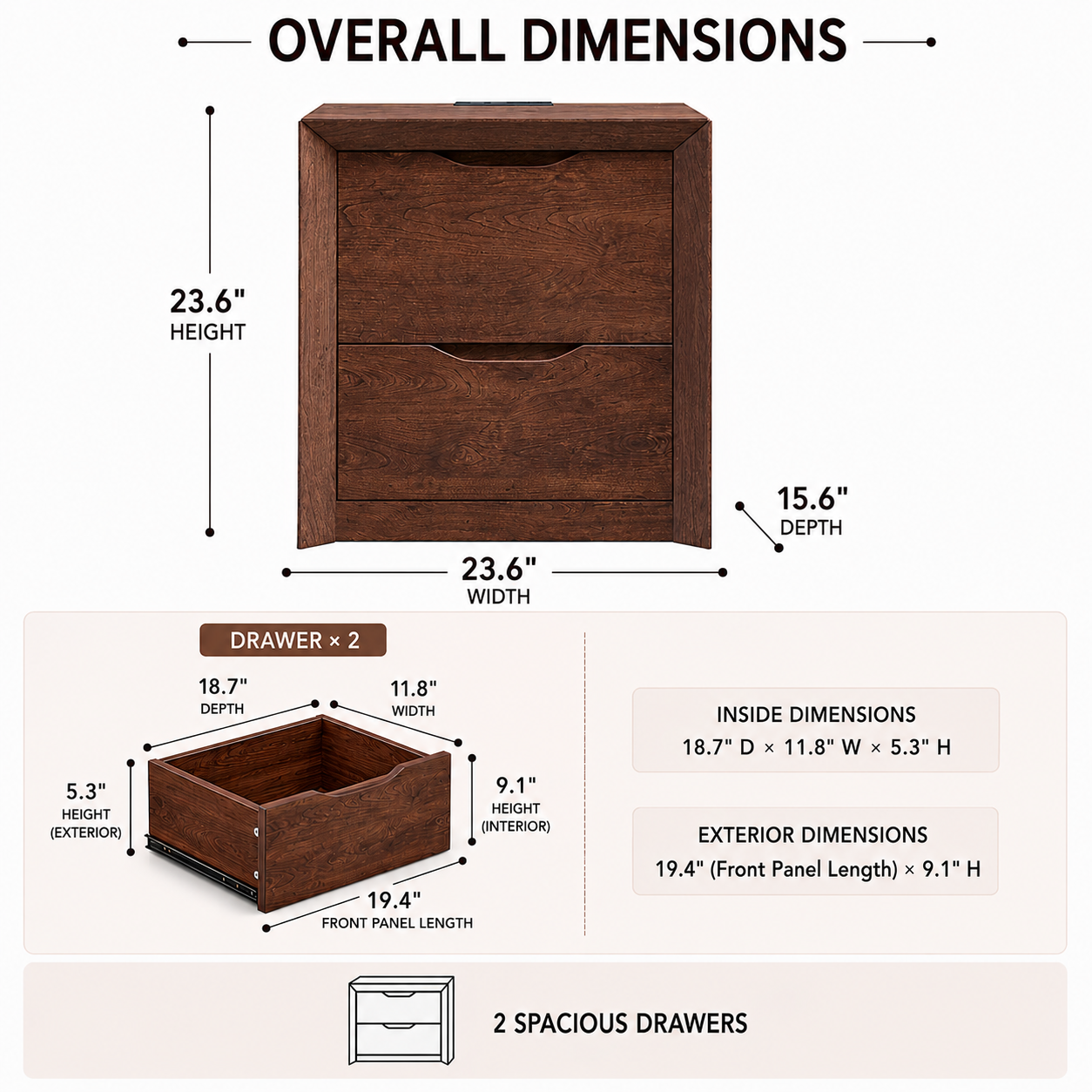 Nightstand with Charging Station and 2 Drawers
