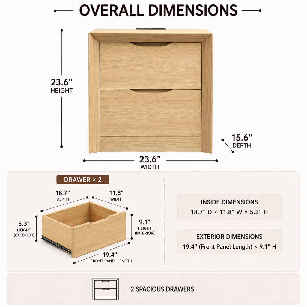 Nightstand with Charging Station and 2 Drawers