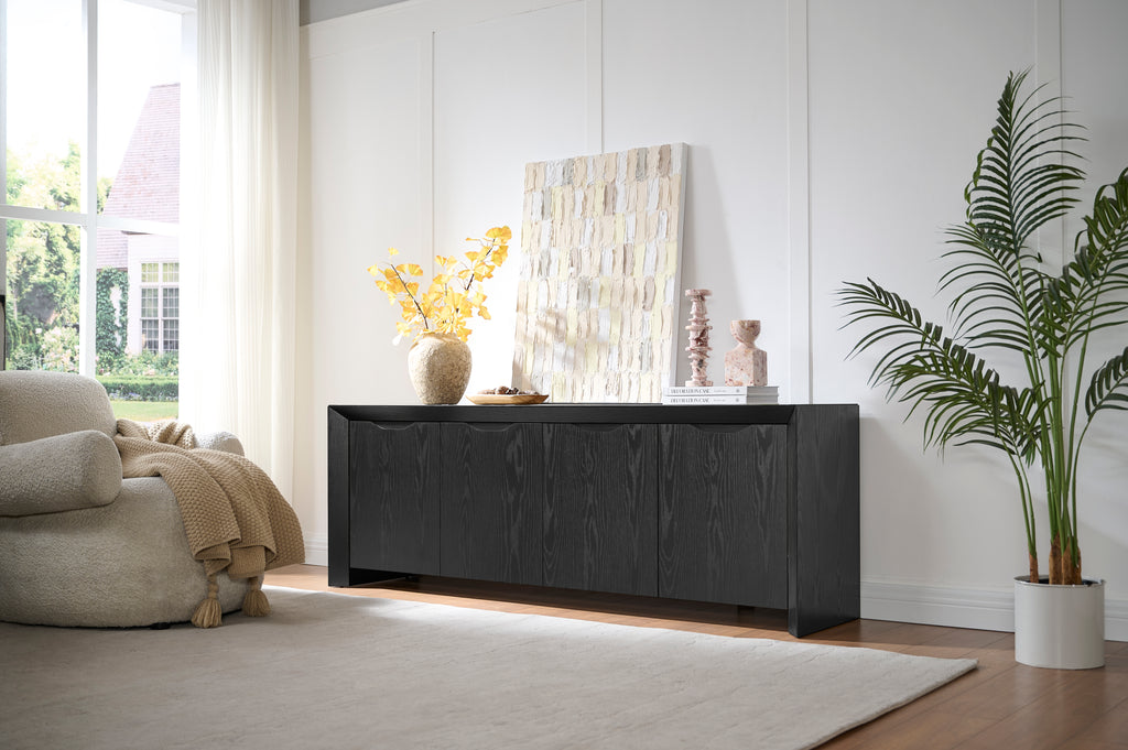 Modern Wood TV Stand with Storage Cabinet  Black