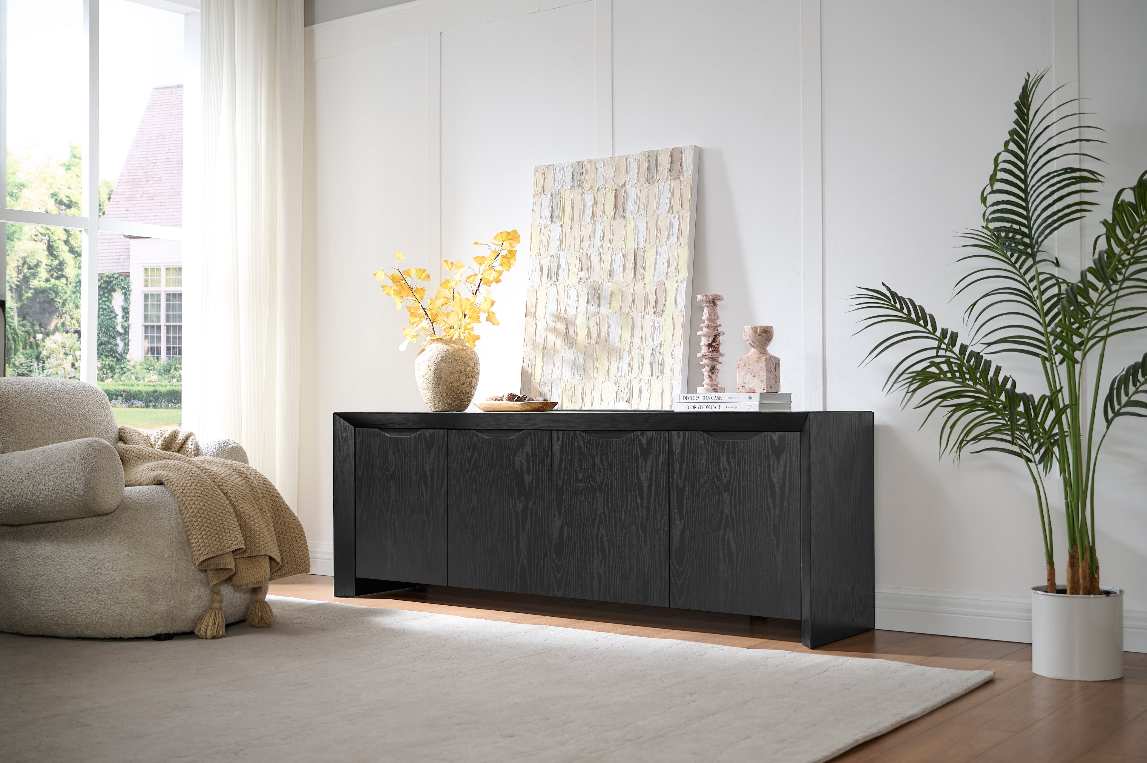 Modern Wood TV Stand with Storage Cabinet  Black
