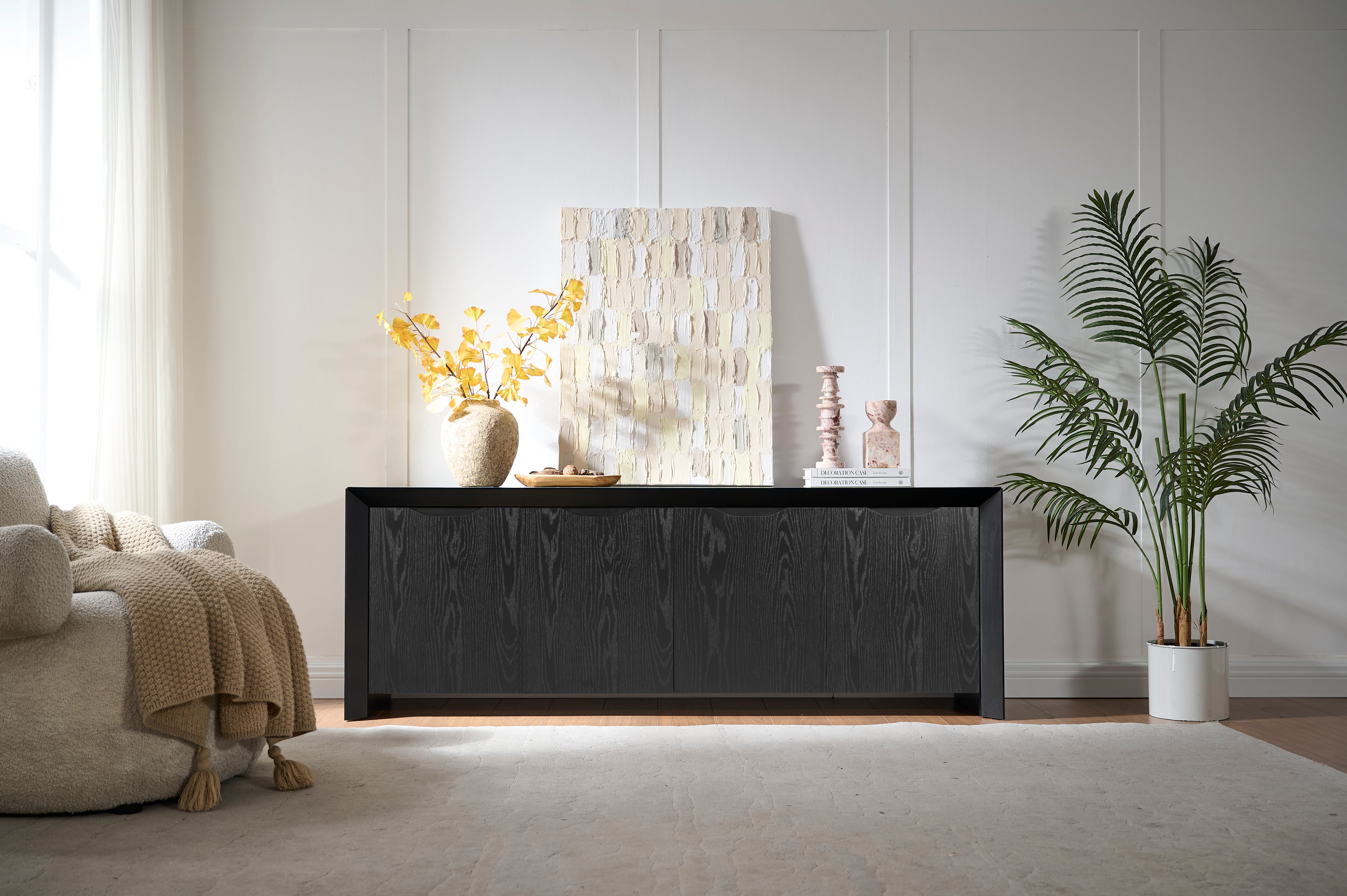 Modern Wood TV Stand with Storage Cabinet  Black